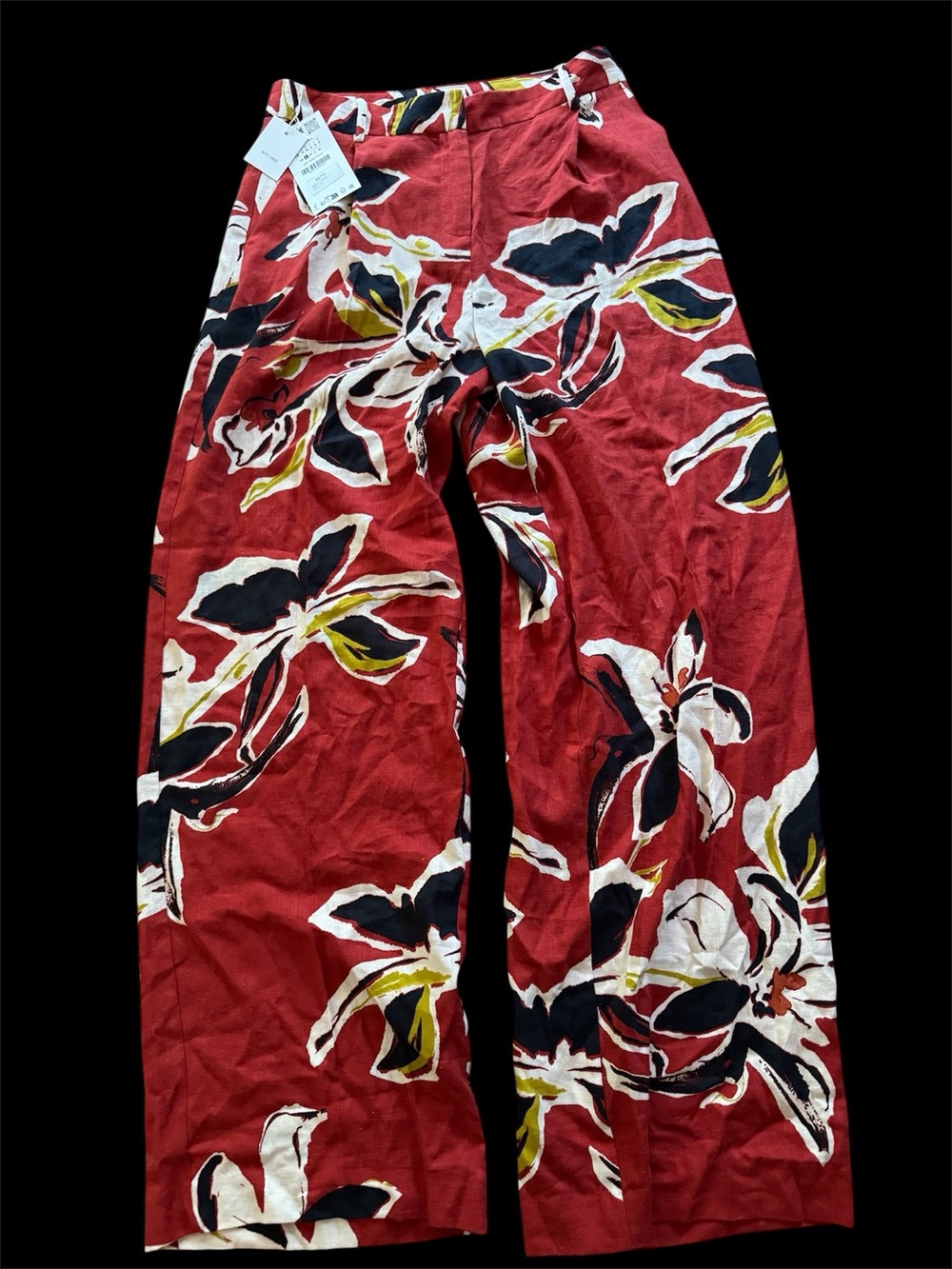 Zara cotton linen Red Floral Wide-Leg Pants size S brand new
